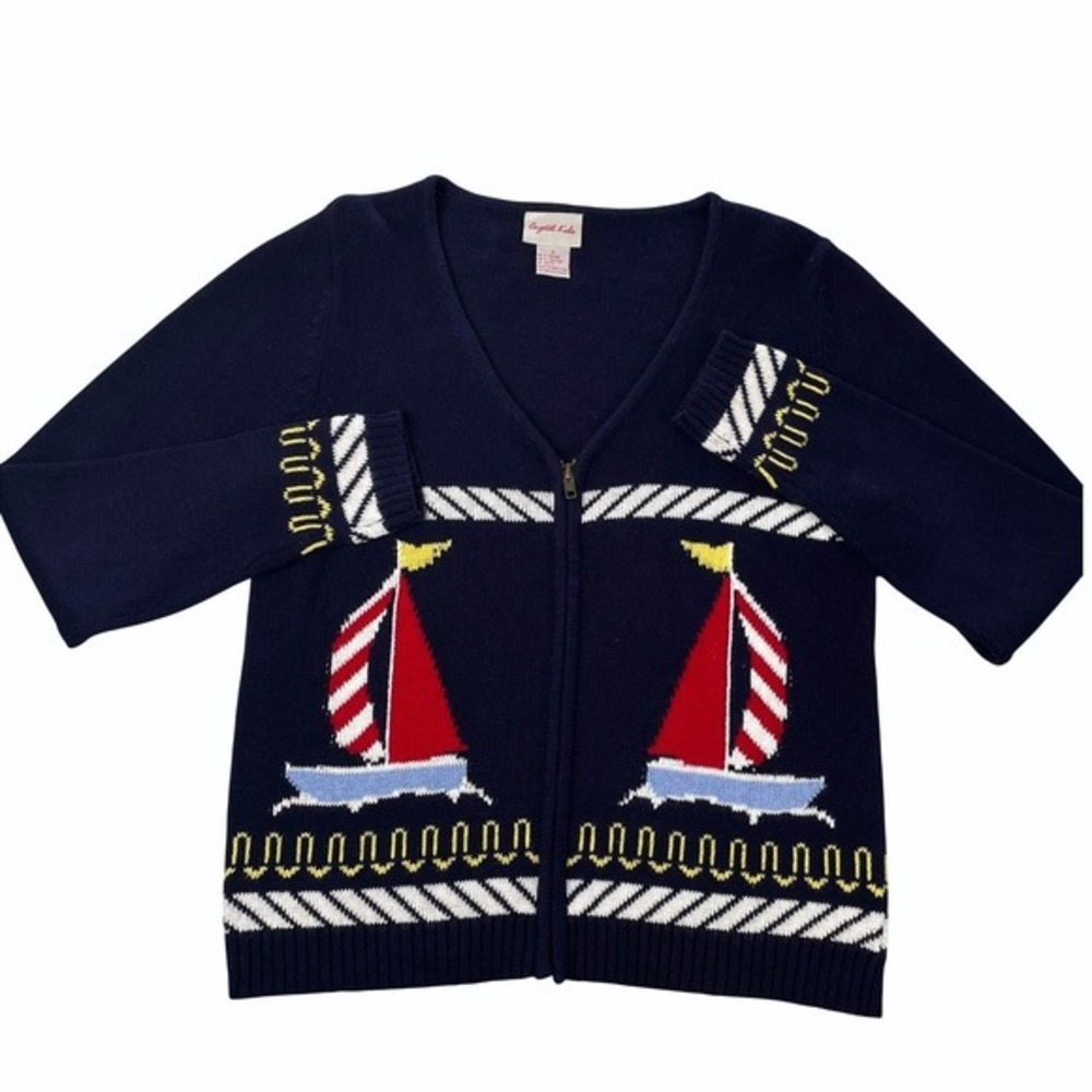 Crystal Kobe Vintage Sailboat Nautical Zip Up Cardigan Sweater Navy Blue Small